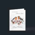 Red Robin Holly Mum & Dad Christmas Card<br><div class="desc">This design features a watercolor illustration of red- breasted Robin perched on a branch of holly. You can adjust text according to your requirements.</div>