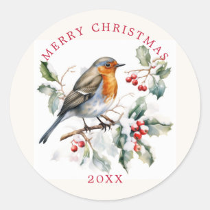 Red Robin Holly Red Berry Christmas Classic Round Sticker