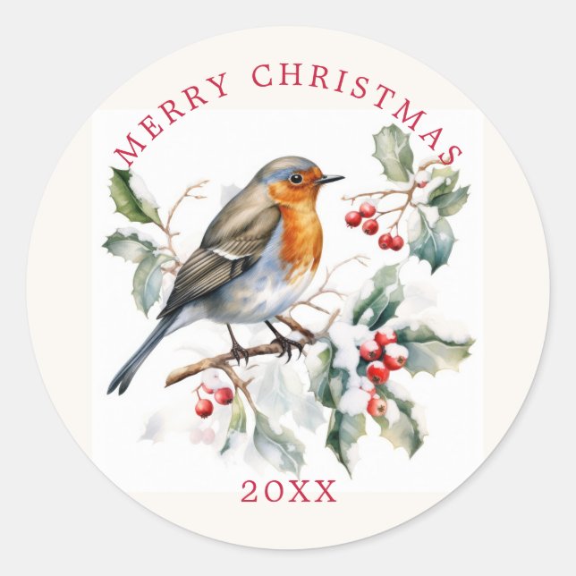 Red Robin Holly Red Berry Christmas Classic Round Sticker (Front)