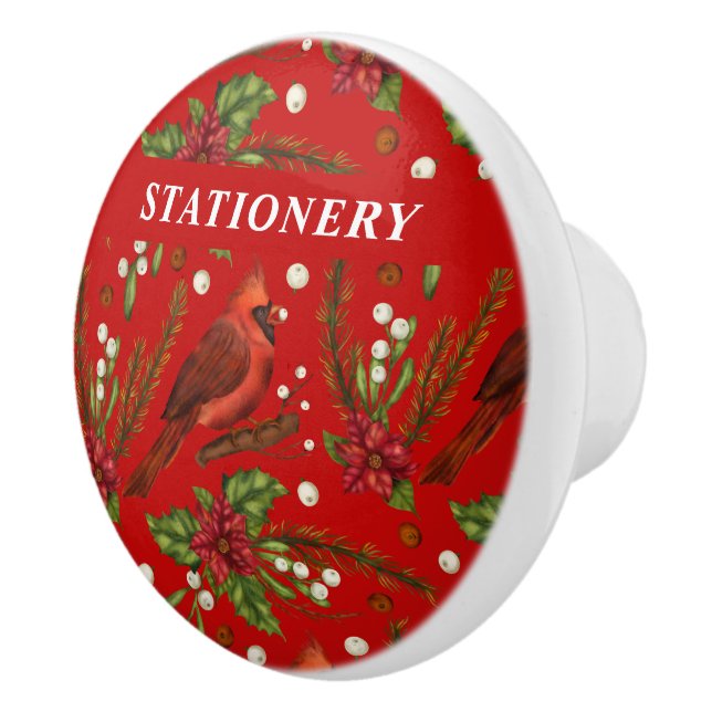 Red robin mistletoe Custom name red Christmas Ceramic Knob (Right)