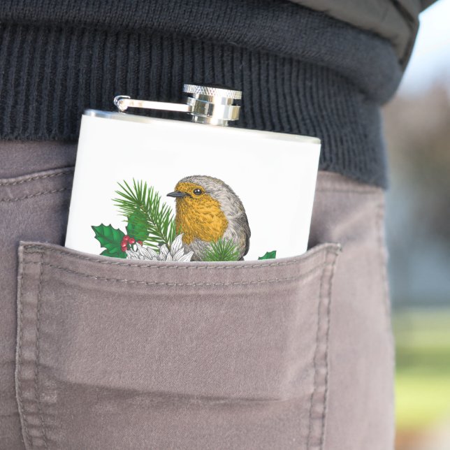 Red robin on Christhmas decoration Hip Flask (In Situ)