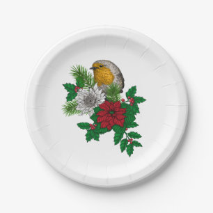 Red robin on Christhmas decoration Paper Plate