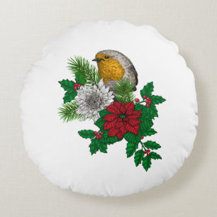 Red robin on Christhmas decoration Round Cushion