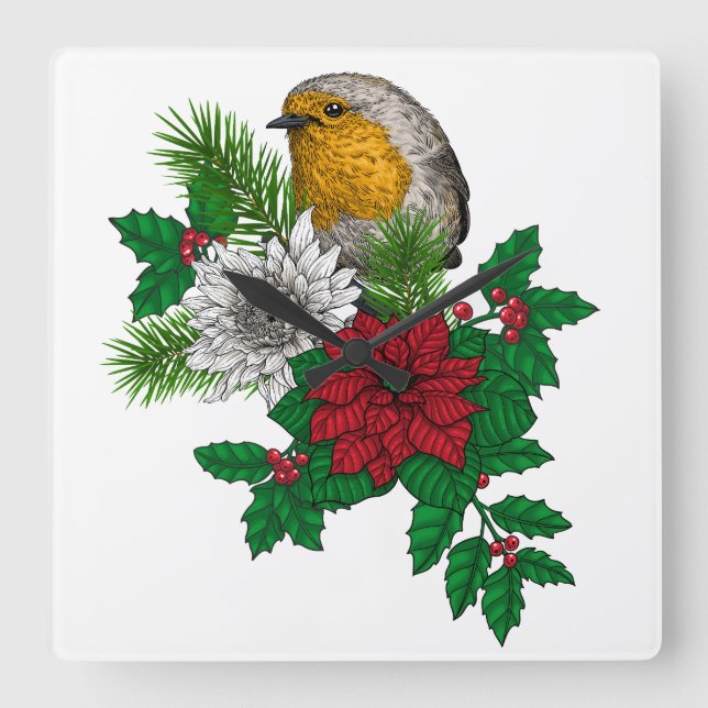 Red robin on Christhmas decoration Square Wall Clock (Front)