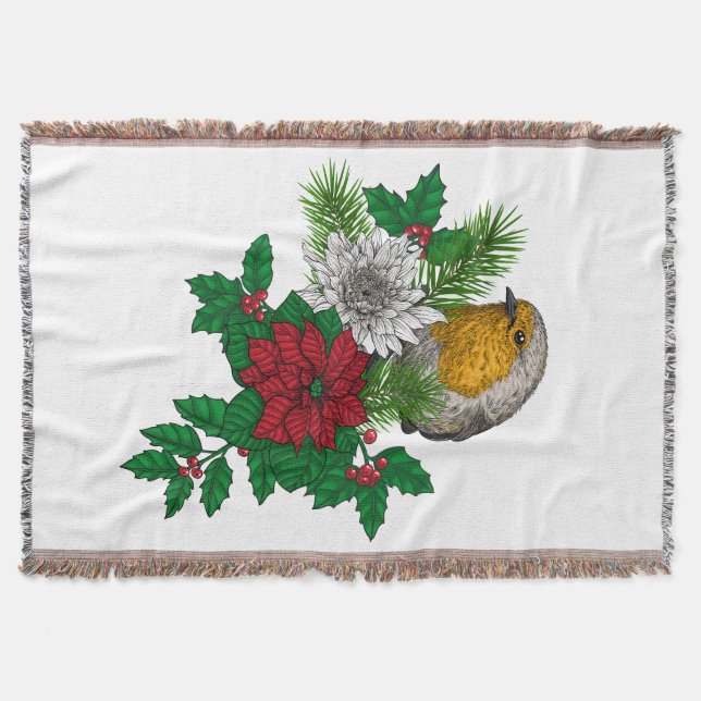 Red robin on Christhmas decoration Throw Blanket (Front)