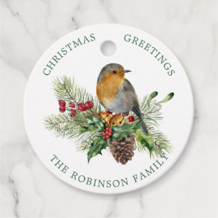 Red Robin, pine, Christmas Holly, bells Favour Tag