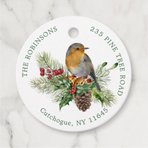 Red Robin, pine, Christmas Holly, bells Favour Tag