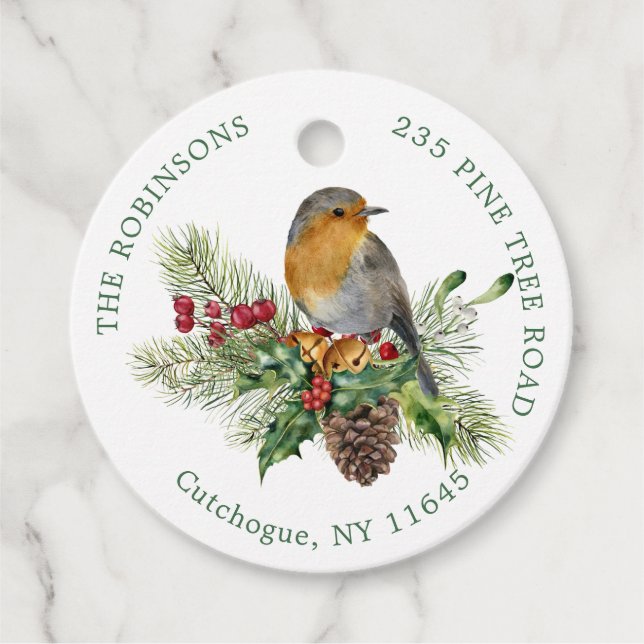Red Robin, pine, Christmas Holly, bells Favour Tag (Front)