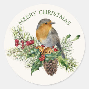 Red robin, pine, cones, holly  mistletoe Christmas Classic Round Sticker