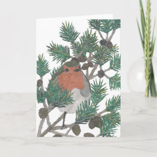Red Robin, Pine Tree, Bird Art, Holiday Card