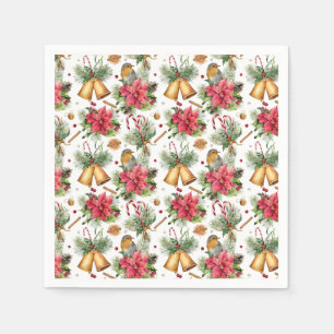 Red Robin Poinsettia Bells Christmas Napkin