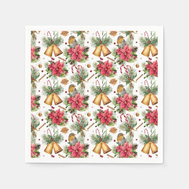 Red Robin Poinsettia Bells Christmas Napkin (Front)