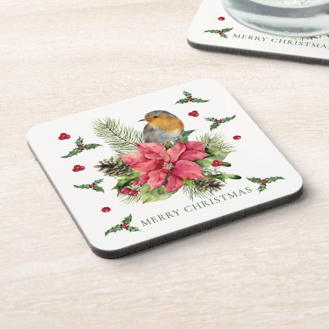 Red Robin Poinsettia Christmas  Coaster (Left Side)