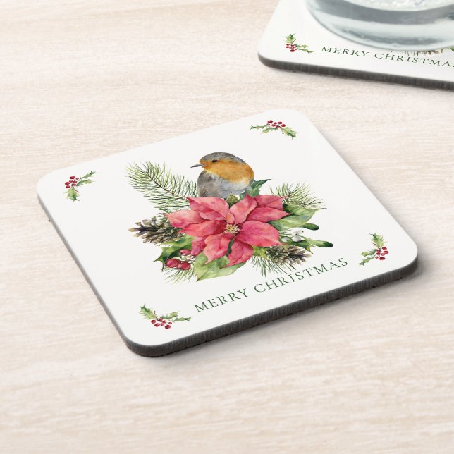 Red Robin Poinsettia Christmas  Coaster (Left Side)