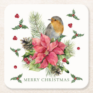 Red Robin Poinsettia Christmas Paper Coaster