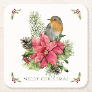 Red Robin Poinsettia Christmas Paper Coaster