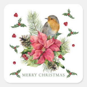 Red Robin Poinsettia Christmas  Square Sticker