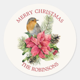 Red robin, Poinsettia, pine, holly  Christmas Classic Round Sticker