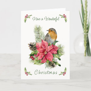 Red Robin Poinsettia Pine Holly  Christmas  Holiday Card