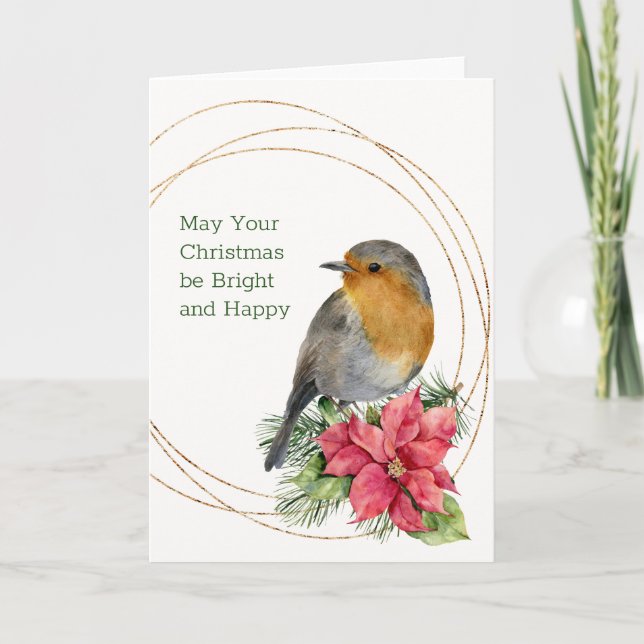 Red robin, Poinsettia, pine, holly  Christmas Holiday Card (Front)