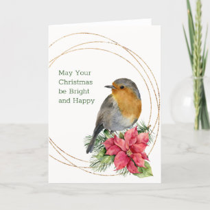 Red robin, Poinsettia, pine, holly  Christmas Holiday Card