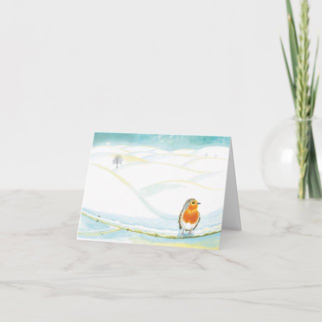 Red Robin & White Winter Landscape Illustration Holiday Card (Front)