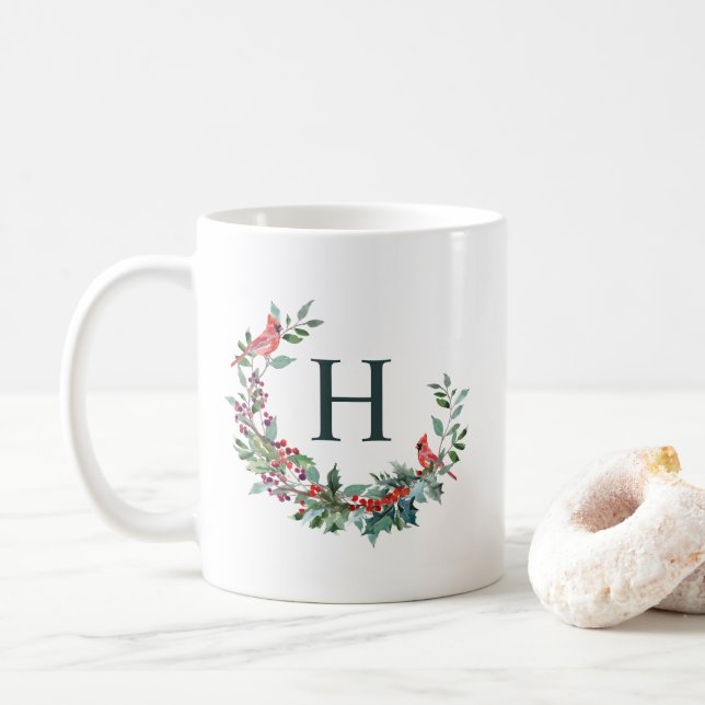 Red Robin Wreath Holiday Monogram Coffee Mug (With Donut)