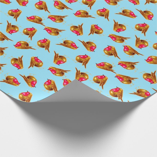 Red robins Christmas multi on blue Wrapping Paper (Corner)