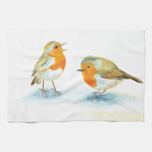 Red Robins in Winter Tea Towel