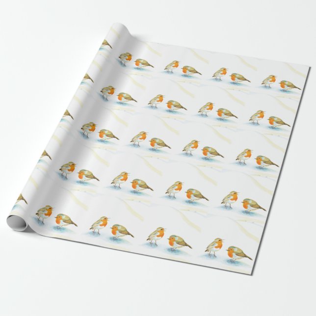 Red Robins in Winter  Wrapping Paper (Unrolled)