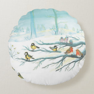 Red Robins & Tit Birds in Winter Forest Round Cushion