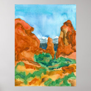 Red Rock Mountains Southwest Moab Utah Watercolor Poster