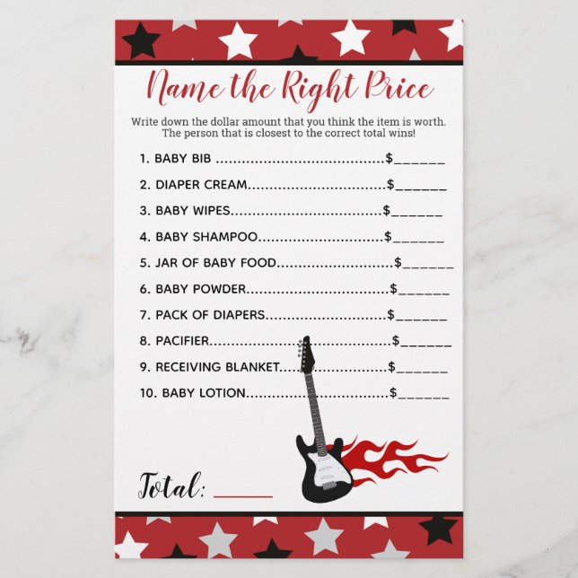 Red Rock Star Rockabye Name the Price Shower Game (Front)