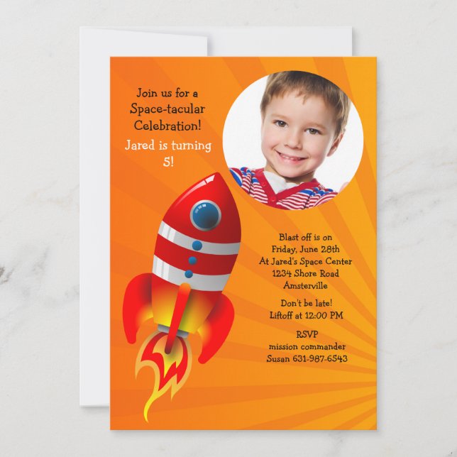Red Rocket Photo Birthday Party Invitation (Front)