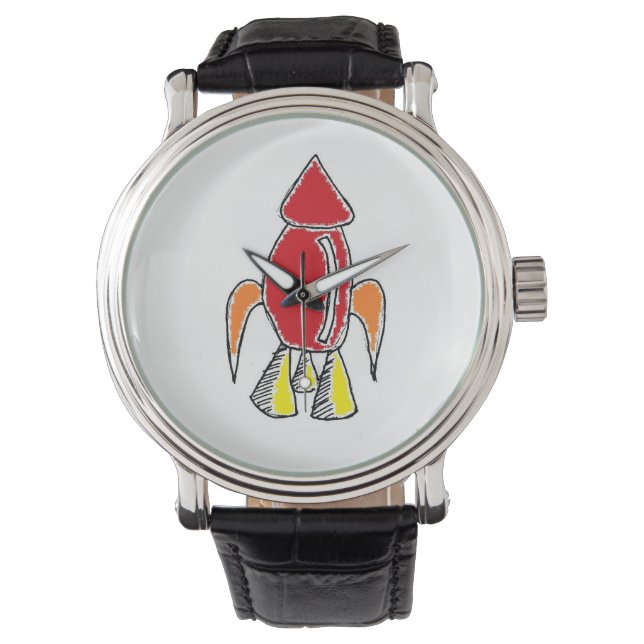 Red Rocket Ship Spaceship Cute Cartoon Watch (Front)