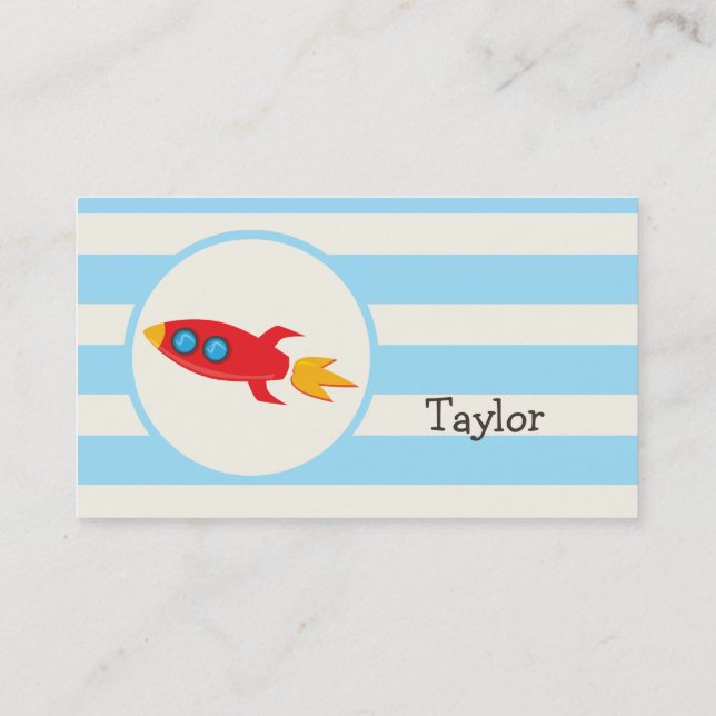 Red Rocket Space Ship; Light Blue Stripes Business Card (Back)
