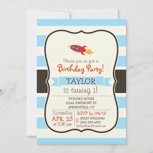 Red Rocket Space Ship; Light Blue Stripes Invitation (Front)
