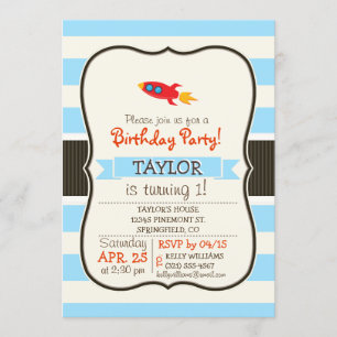 Red Rocket Space Ship; Light Blue Stripes Invitation