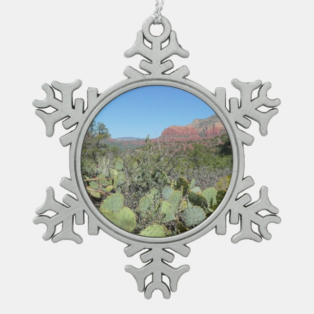 Red Rocks and Cacti I Snowflake Pewter Christmas Ornament (Front)