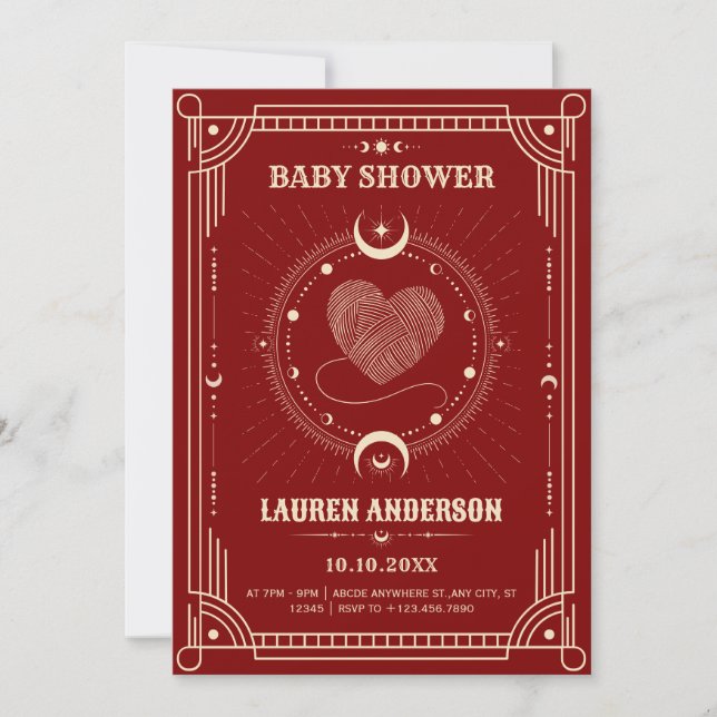 Red romance tarot boho mystical moon baby shower invitation (Front)