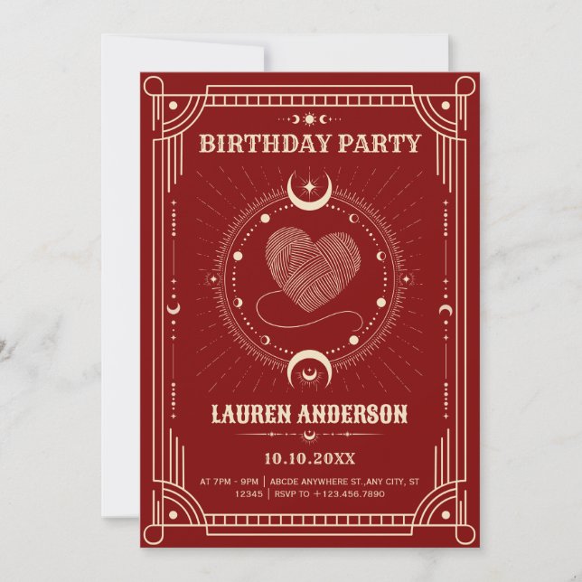 Red romance tarot boho mystical moon birthday invitation (Front)