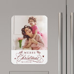 Red Romantic Calligraphy Merry Christmas Photo Magnet<br><div class="desc">Romantic and elegant holiday photo kitchen magnet.  For more advanced customisation of this design,  please click the Customise Further link to change the font,  size,  colour,   etc.</div>