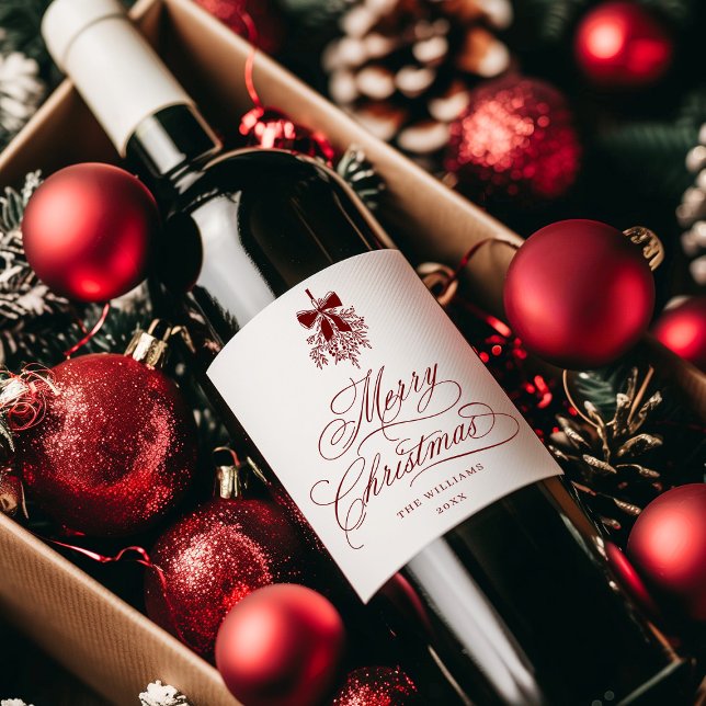 Red Romantic Calligraphy Merry Christmas  Wine Label (Creator Uploaded)