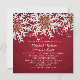 Red Romantic Christmas Snowflakes Wedding Invite