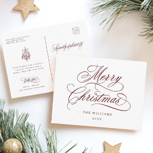 Red Romantic Merry Christmas Script Holiday Postcard