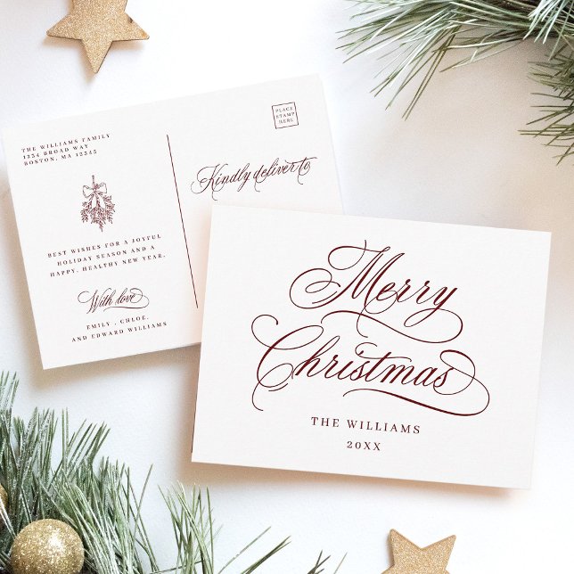 Red Romantic Merry Christmas Script Holiday Postcard (Creator Uploaded)