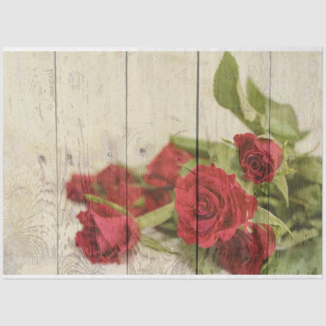 Red Romantic Roses Rustic Wood Decoupage Tissue Paper (Front)