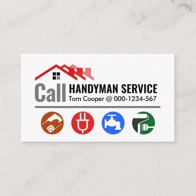 Red Roof Call Handyman Service Business Card (Front)