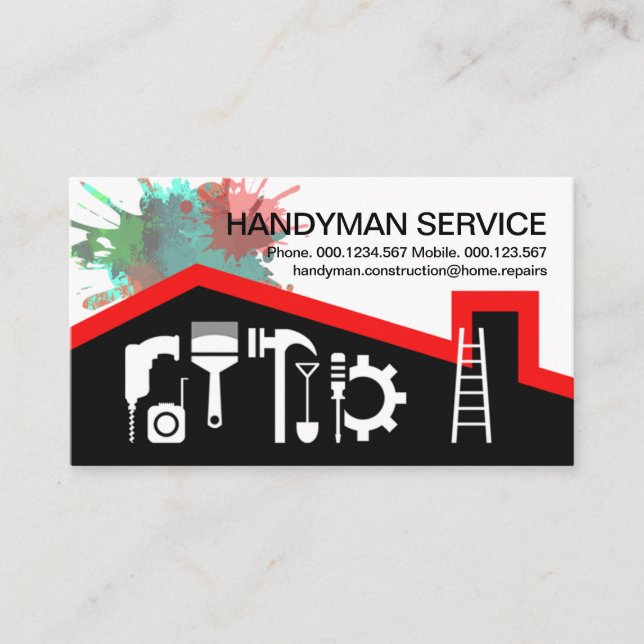 Red Roof Paint Splatter Handyman Tools Business Card (Front)