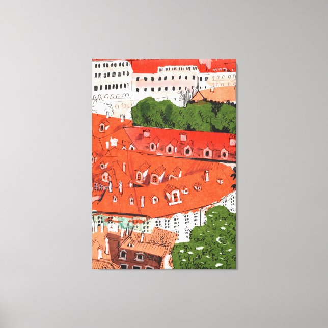 Red Roofs Prague Czech Cityscape Paper Collage Art Canvas Print (Front)